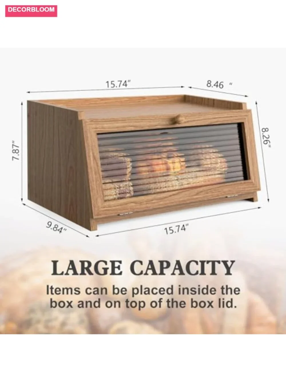 New Zealand Pine Wood Bread Box with Acrylic Door & Magnetic Seal, Large